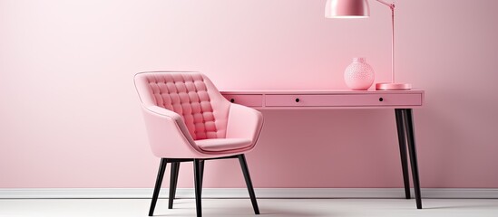 On a blank background there is a pink chair a gray table used in school a pink basket a desk lamp and a black support underneath the legs