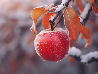 Red apple on a branch in a frozen late autumn day, generated by AI