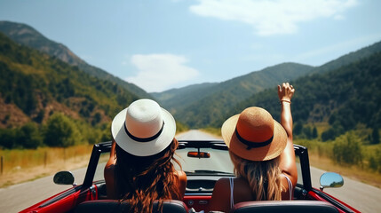 two happy girls driving cabrio car in vacation  - obrazy, fototapety, plakaty