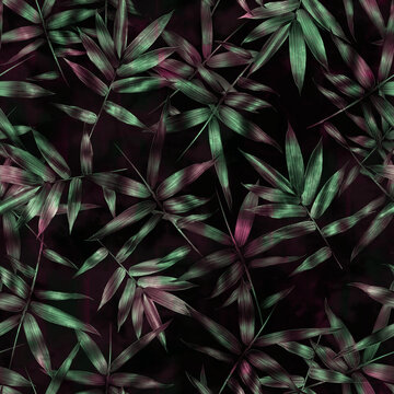 Jungle flower pattern with tropical palm leaves and flowers on dark background,