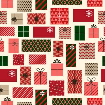 Trendy seamless pattern of presents and gift boxes. Flat style, simple shapes and vintage colours. Christmas New Year design. Birthday wrapping paper