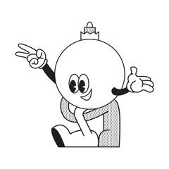 Christmas and New Year retro cartoon characters. Christmas bauble walking to party. Merry xmas Vector mascot groovy illustration in trendy vintage comic style isolated on background