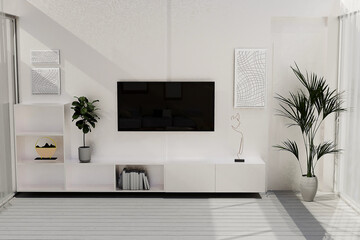 Tv screen mockup on a wall in modern living room , 3d render