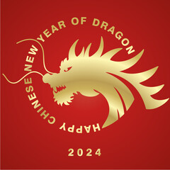 Happy chinese new year 2024 year of the dragon golden zodiac sign in circle logo icon on red background