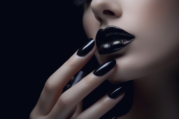 Beauty fashion model with black makeup. Fashionable black manicure with caviar. Manicure. Dark lipstick and nail polish. Isolated on black background. generative AI - obrazy, fototapety, plakaty