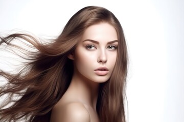 Obraz premium Beautiful long hair. Beauty with luxurious straight brown hair. Beautiful model on a white background.Generative AI