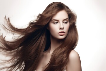 Naklejka premium Beautiful long hair. Beauty with luxurious straight brown hair. Beautiful model on a white background.Generative AI