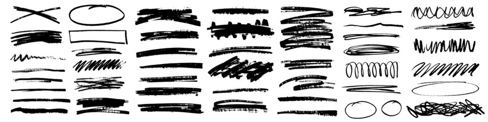 Grunge scrawls, charcoal scribbles, rough brush strokes, underlines and circles. Bold charcoal freehand stripes and ink shapes. Crayon or marker scribbles. Vector illustration