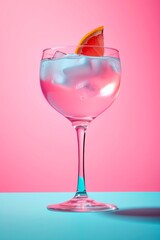 Alcoholic cocktail with ice and slice of grapefruit on light pink background.