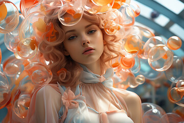 A beautiful girl surrounded by numerous soap bubbles . Generative AI.