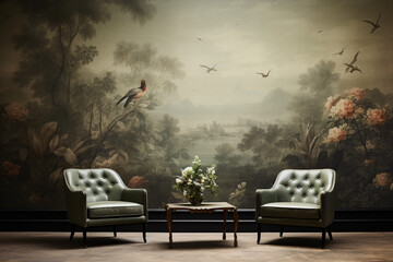 lionyt Imagine a luxurious summer background and wallpaper with armchair table and wooden floor - obrazy, fototapety, plakaty