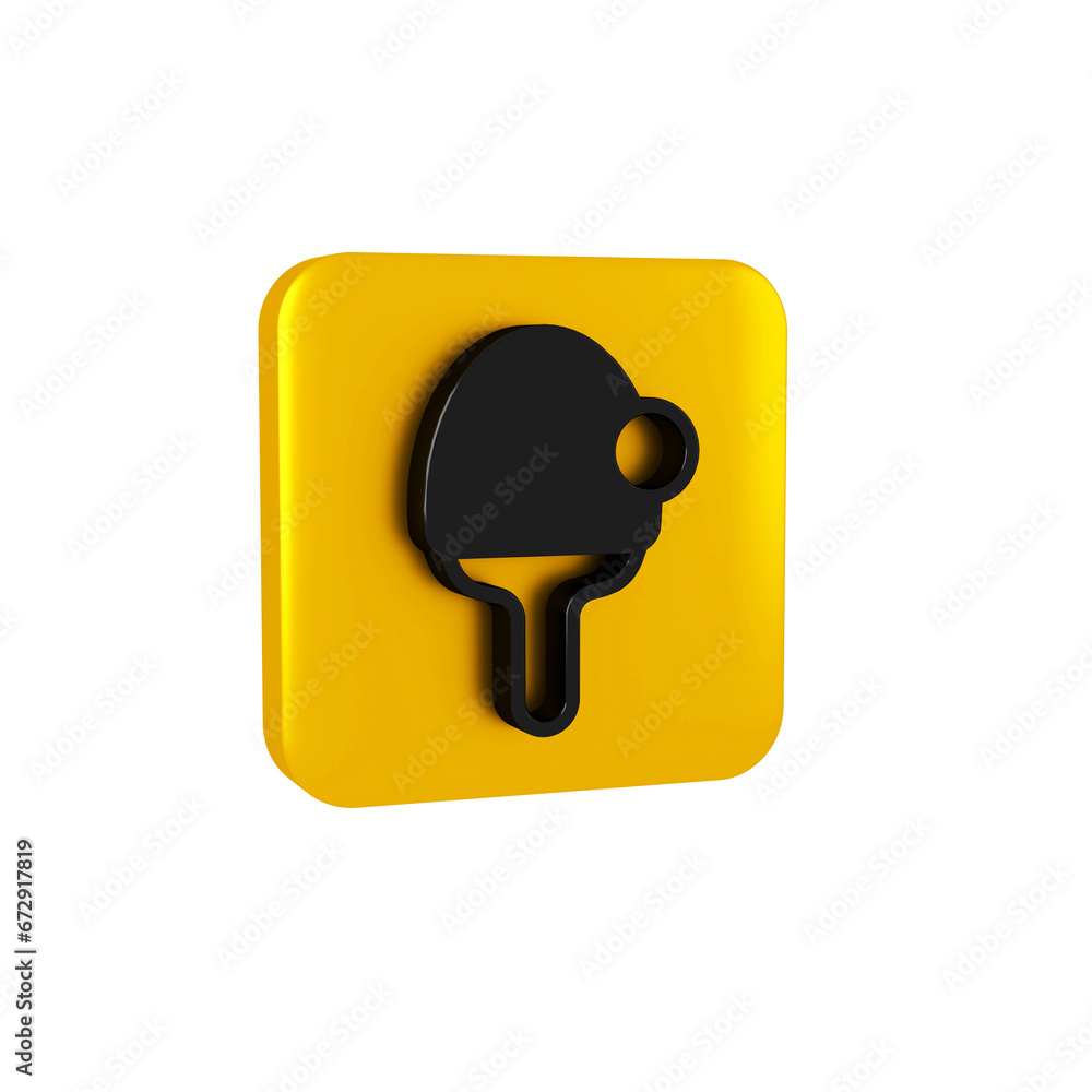 Poster black racket for playing table tennis icon isolated on transparent background. yellow square button.