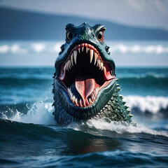 a giant dangerous roaring sea monster coming out of the water. generative ai - obrazy, fototapety, plakaty