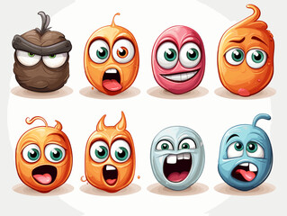 Drawing of 8 Emojis different expressions illustration separated, sweeping overdrawn lines.