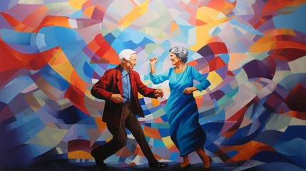 Foto op Plexiglas Old senior happy couple woman family man people mature dance love home fun. Grandmother happy old senior beautiful smile older grandfather together background party age young lifestyle grandparents. © Максим Зайков