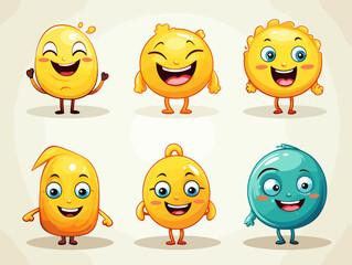 Drawing of 8 happy Emojis different expressions illustration separated, sweeping overdrawn lines.