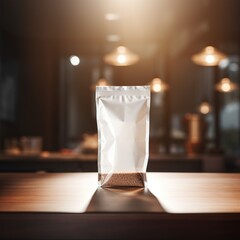 blank coffee bag mockup on table with cinematic light effect, coffee bag mockup, Generative Ai 