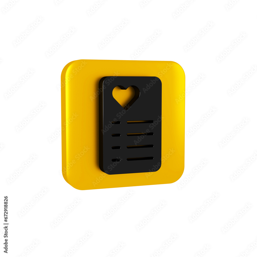 Poster black shopping list icon isolated on transparent background. yellow square button.