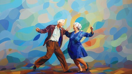 Old senior happy couple woman family man people mature dance love home fun. Grandmother happy old senior beautiful smile older grandfather together background party age young lifestyle grandparents. - obrazy, fototapety, plakaty