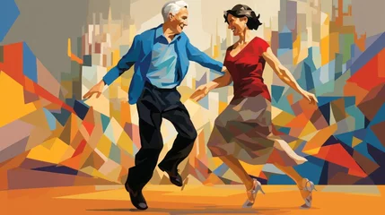 Fotobehang Old senior happy couple woman family man people mature dance love home fun. Grandmother happy old senior beautiful smile older grandfather together background party age young lifestyle grandparents. © Максим Зайков
