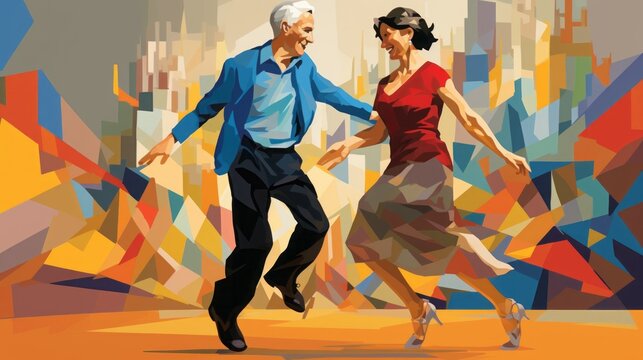 Old senior happy couple woman family man people mature dance love home fun. Grandmother happy old senior beautiful smile older grandfather together background party age young lifestyle grandparents.