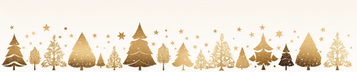 Gold Christmas trees in a horizontal row, Christmas Holiday, Winter illustration, vector illustration flat style background, banner, wallpaper, space for text