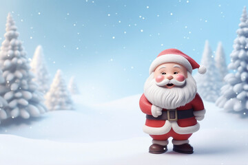 Naklejka na ściany i meble Cute Santa Claus, looking at camera, Christmas background, New Year, greeting card, space for text, winter landscape