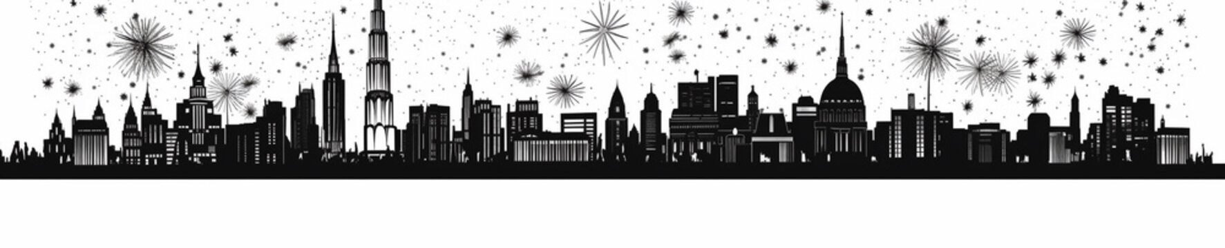 Black and white, city New Year Eve Celebrations in a horizontal row, Christmas Holiday, Winter illustration, vector illustration flat style background, banner, wallpaper, space for text