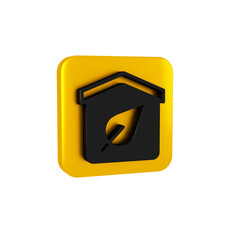 Black Eco friendly house icon isolated on transparent background. Eco house with leaf. Yellow square button.