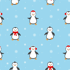 Christmas seamless pattern with penguins and snowflakes. Cute penguin cartoon illustration.
