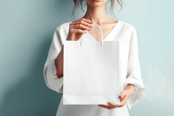 Closeup of female hand holding blank white shopping paper bag. ai generative - obrazy, fototapety, plakaty