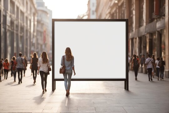 display blank clean screen or mockup for offers or advertisement in public area with people walking. ai generative