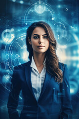 Business Woman with futuristic holographic user interface in the background, with empty copy space 