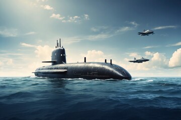 Generic military nuclear submarine floating in the middle of the ocean with a fighter jet in the background. ai generative