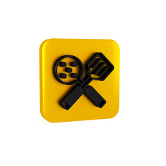 Black Spatula icon isolated on transparent background. Kitchen spatula icon. BBQ spatula sign. Barbecue and grill tool. Yellow square button.