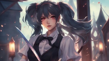Fototapeta premium Anime inspired cartoon, anime A murderous anime schoolgirl with a sharp knife and a wicked smile 