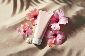 mockup of a tube of sunscreen and pink hibiscus flowers on the sand. ai generative