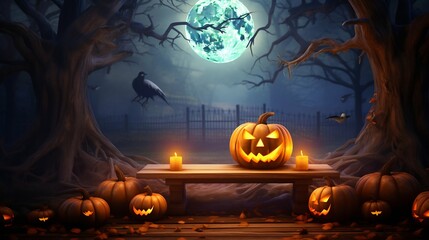 Halloween Ambiance: Jack-o'-Lanterns and Full Moon Over a Spooky Graveyard Scene. Generative ai