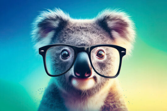 photo of a koala in glasses on color background. ai generative