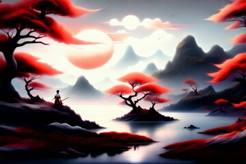 landscape with sunset and clouds in an Asiatic style