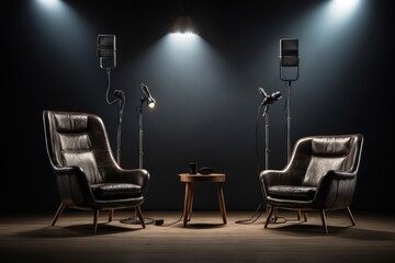 chairs and spotlights in podcast or interview room on dark background. ai generative