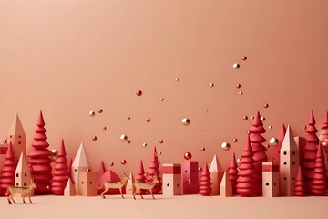 christmas tree decorations, santa claus with gifts, snowman in the snow, christmas gift boxes	