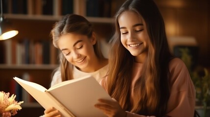 Obraz premium Peer Learning: Bright Teenager Assists Classmate with Exam Prep in College. Generative ai
