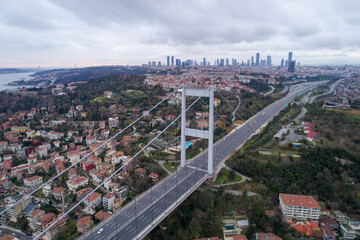 Aerial photo of the Bosphorus Bridge, Istanbul. aerial view of suspension bridge