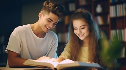 Obraz premium Peer Learning: Bright Teenager Assists Classmate with Exam Prep in College. Generative ai