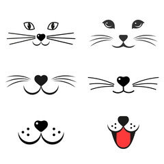 Illustration of a set of cute varied faces of cats with mustaches on a white background.