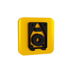 Black Stereo speaker icon isolated on transparent background. Sound system speakers. Music icon. Musical column speaker bass equipment. Yellow square button.