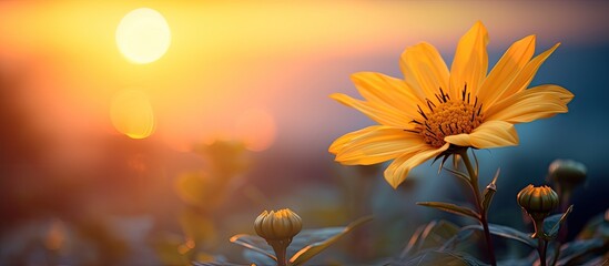 The stunning beauty of nature comes to life during sunrise as vibrant yellow flowers add to the enchantment