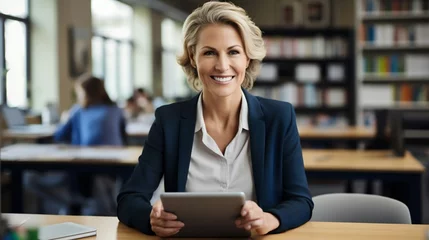 Foto op Canvas Educational Innovations: Middle-Aged Female Teacher with Tablet at School Office. Generative ai © Scrudje