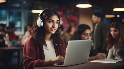 Academic Diversity: South Asian Female Student Engages in IT Learning at College. Generative ai - obrazy, fototapety, plakaty